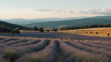 Poster - A scenic view of a lavender field at sunset with rolling hills in the background.