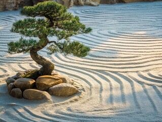 Wall Mural - A serene zen garden featuring intricately raked sand, smooth stones, and a bonsai tree under gentle sunlight, perfect for meditation