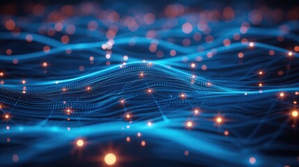 Poster - An abstract digital network with glowing blue lines connecting bright nodes, geometric shapes and lines forming interconnected patterns, themes of technology, data science, and futuristic networks.