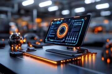 Aufkleber - Futuristic desk setup with holographic screens, displaying tomorrowâ€™s tasks and goals, surrounded by high-tech tools and glowing lights