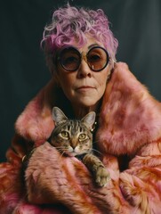 Poster - A woman with pink hair and sunglasses holds a cat close. AI.