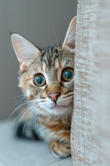 Canvas Print - A cat peeks from behind a couch cushion. AI.