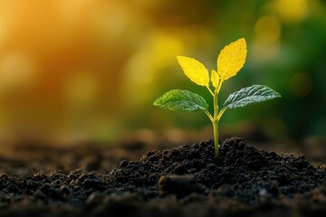 Fresh green sprout emerging from rich soil at sunrise