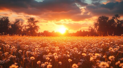 Golden sunset over a meadow field in a beautiful natural landscape.