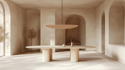 Minimalist dining room with a custom beige table and bold light fixture, set in a muted, modern space with earthy tones.