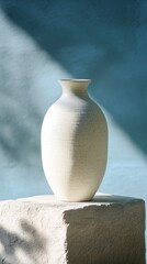 Poster - Ceramic vase on stone pedestal with blue background, minimalist art concept