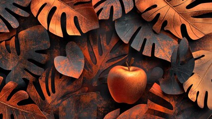 Wall Mural - a single red apple sits in the center of a cluster of dark and orange leaves