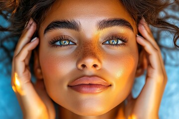 Poster - Hyper-realistic close-up of a personâ€™s face in meditation, with soft light glowing around them, symbolizing calm and mindfulness