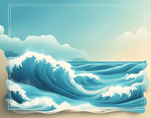 Sea Landscape Frame Background with Blue Ocean Waves in Bright Sky background.