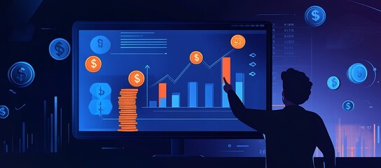 Poster - A silhouette of a person pointing at a computer screen showing dollar signs and bar graphs