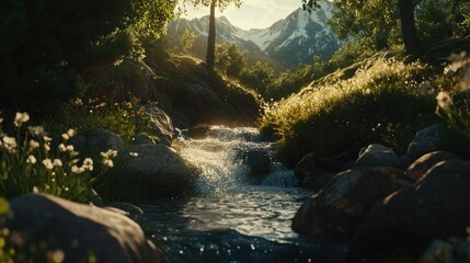 Wall Mural - A tranquil stream flows through a lush, green valley with snow-capped mountains in the distance. The sun shines through the trees, casting a warm glow on the landscape.