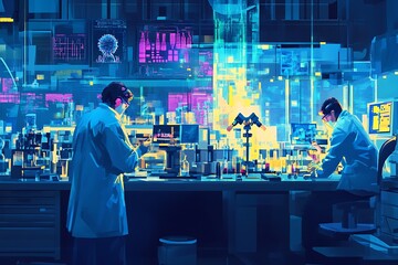 Poster - Two Scientists Working in a Futuristic Laboratory