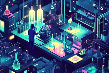 Poster - A Scientist Working in a Futuristic Laboratory with Glowing Beaker