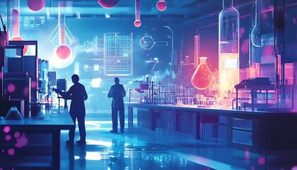 Poster - Two Scientists in a Neon-Lit Laboratory with Glowing Chemical Solutions
