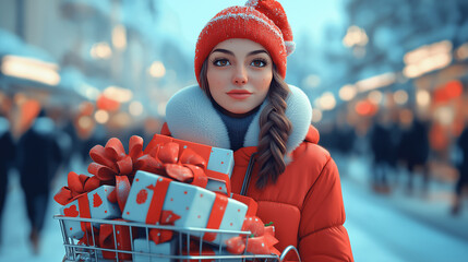 Wall Mural - Illustration of a woman with a gift to celebrate Christmas.