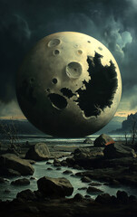 Wall Mural - Oil painting of an abstract full moon over mountains and sea.