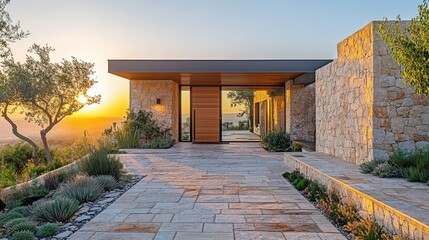 Wall Mural - Contemporary house entryway featuring natural stone wall wooden door and clear sky in the morning light