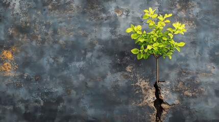 Small green tree growing out of a crack in a worn, weathered wall symbolizing resilience and hope in an urban environment. Urban renewal concept