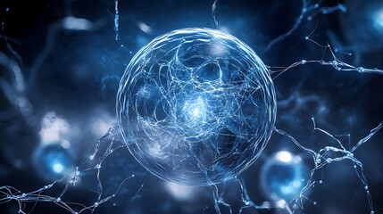 Aufkleber - Abstract digital rendering of a glowing sphere with a network of interconnected lines, resembling a neural network or a cell.