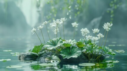 serene lotus pond surrounded by lush verdant foliage and aquatic plants creating a tranquil and peac