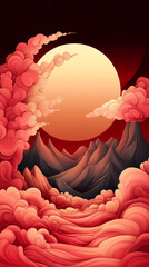 Sticker - A vibrant illustration of a mountain landscape, with a large, glowing sun peeking through fluffy pink clouds.