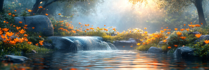 Poster - Tranquil waterfall flows through a lush forest, dappled sunlight filtering through the trees, illuminating a bed of orange wildflowers.