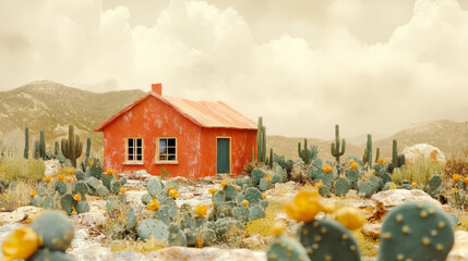 Poster - A small red house sits in a desert landscape, surrounded by prickly pear cacti and tall cacti.