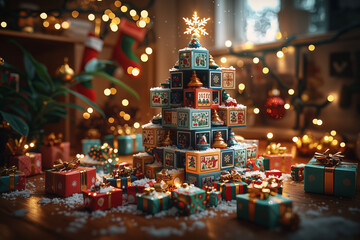 Christmas-themed building blocks stacked into a festive holiday tree