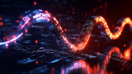 Poster - A glowing, digital data stream in red and blue, reminiscent of a DNA strand, swirls over a dark, textured, digital background.