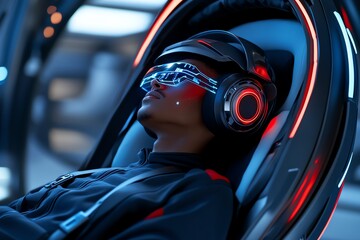 Poster - Lazy use of technology portrayed by a person reclining in a futuristic chair, using AI to avoid work