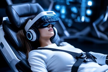 Poster - Lazy use of technology portrayed by a person reclining in a futuristic chair, using AI to avoid work