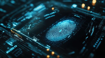 Poster - A futuristic concept showing a close-up of a fingerprint scan on a touch screen, surrounded by encrypted code and digital security elements.