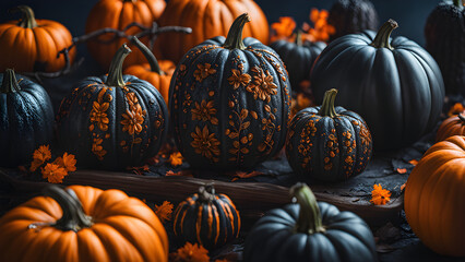 Unique and cute Halloween concept background, Unique Jack-o-lantern, Halloween pumpkin wallpaper, close-up of Halloween pumpkins, ai generated