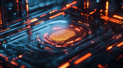 Poster - A sleek image of a fingerprint scanner on a futuristic device, surrounded by glowing security data and encrypted code.