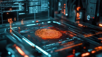 Poster - A sleek image of a fingerprint scanner on a futuristic device, surrounded by glowing security data and encrypted code.