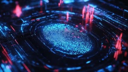 Poster - Abstract visual of a fingerprint being scanned with layers of encrypted code, representing advanced cyber security technology.