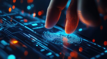 Poster - Close-up of a finger pressing a fingerprint sensor on a smart device, with encrypted code and digital security symbols in the background.