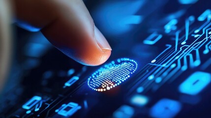 Poster - Close-up of a finger pressing a fingerprint sensor on a smart device, with encrypted code and digital security symbols in the background.