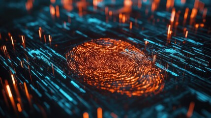 Poster - High-res image of a hand touching a fingerprint scanner on a digital device, with security codes and encrypted layers in the background.