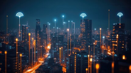 Poster - High-resolution photo of a smart city with interconnected wireless network icons, highlighting the power of 5G technology.