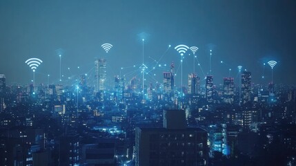 Poster - High-resolution photo of a smart city with interconnected wireless network icons, highlighting the power of 5G technology.