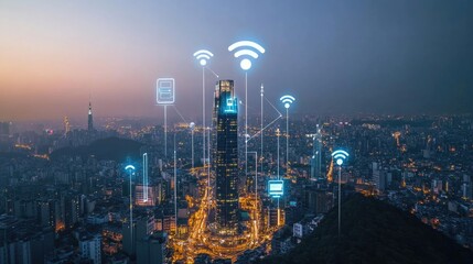 Poster - High-resolution photo of a smart city with interconnected wireless network icons, highlighting the power of 5G technology.