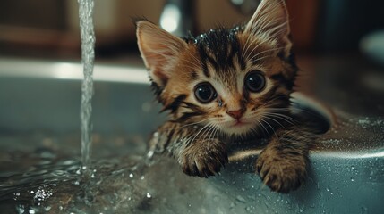 Poster - Playful Kitten in Water by Sink