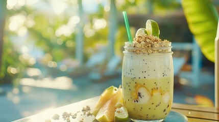 A smoothie made with fresh fruits and a side of granola, served in a jar with a straw on a bright morning table.