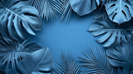 Poster - Blue leaves on a textured blue background.