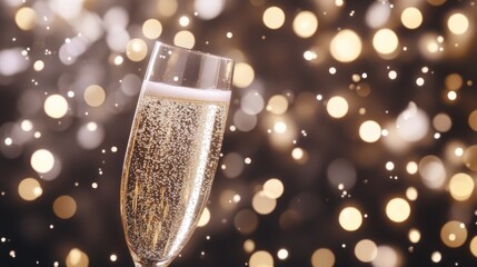 A sparkling champagne flute raised in celebration at a wedding reception, with a soft-focus background of lights