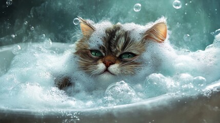 Poster - Cute Cat in Bubble Bath with Bright Green Eyes