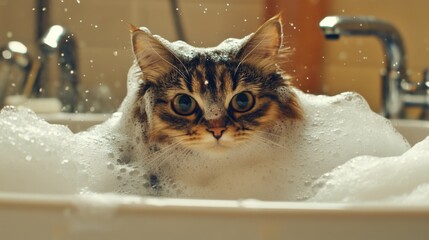 Poster - Cat Enjoying a Bath with Bubbles and Foam
