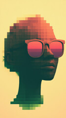 Poster - A pixelated portrait of a woman wearing sunglasses with a yellow background.