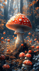 Poster - A large, red mushroom with white spots stands tall in a forest, surrounded by smaller mushrooms.